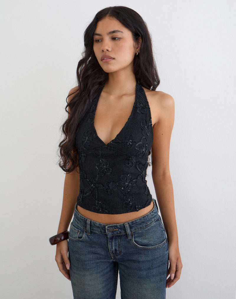 Cosio Halter Top in Sequin Knit Black