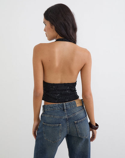 Cosio Halter Top in Sequin Knit Black