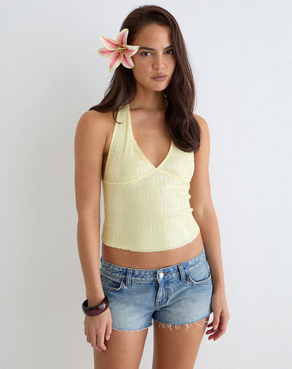 Cosio Halter Top in Clear Sequin Yellow