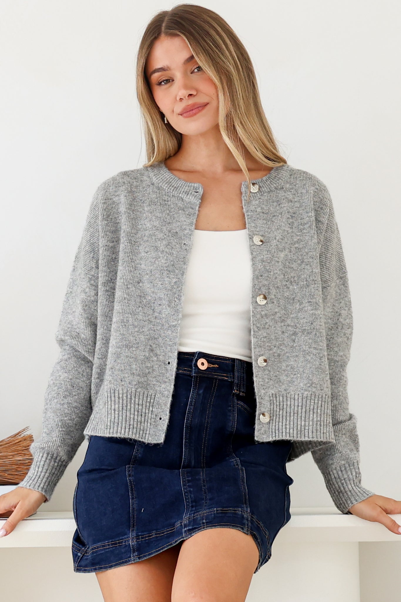 Caelan Cardigan - Crew Neck Tortoise Shell Button Crop Knit in Grey