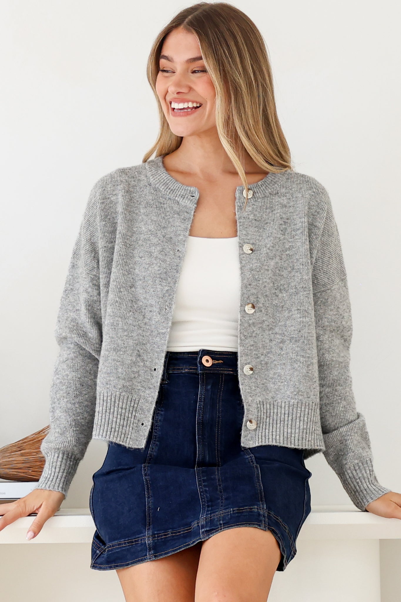 Caelan Cardigan - Crew Neck Tortoise Shell Button Crop Knit in Grey