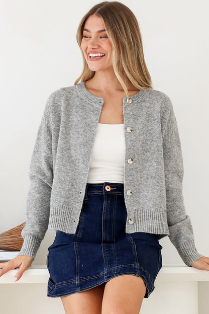 Caelan Cardigan - Crew Neck Tortoise Shell Button Crop Knit in Grey