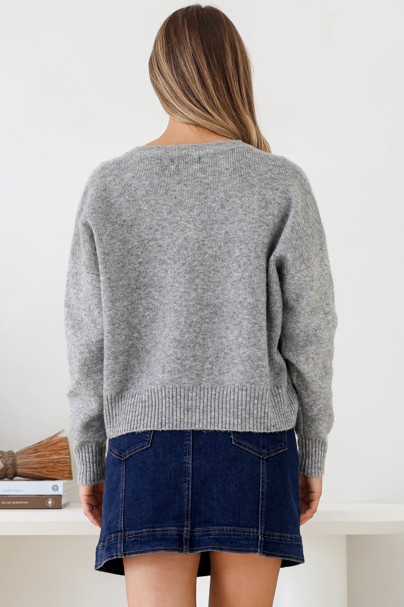 Caelan Cardigan - Crew Neck Tortoise Shell Button Crop Knit in Grey