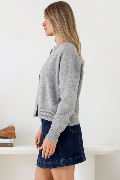 Caelan Cardigan - Crew Neck Tortoise Shell Button Crop Knit in Grey
