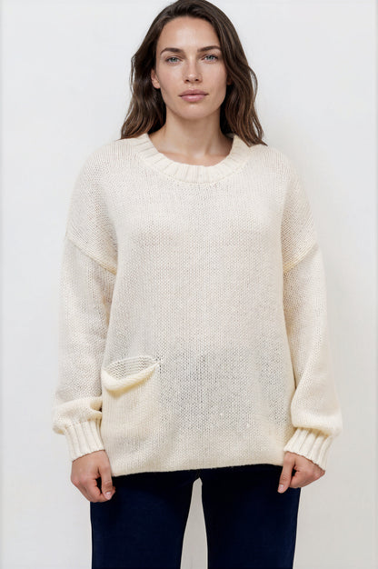 Caesar Jumper - Crew Neck Long Knit with Pocket and Ribbed Hemlines in Beige