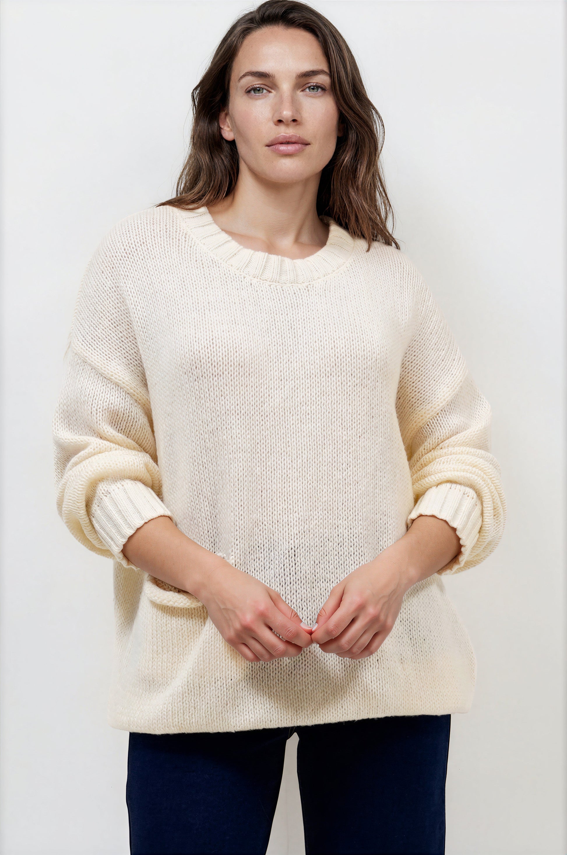 Caesar Jumper - Crew Neck Long Knit with Pocket and Ribbed Hemlines in Beige