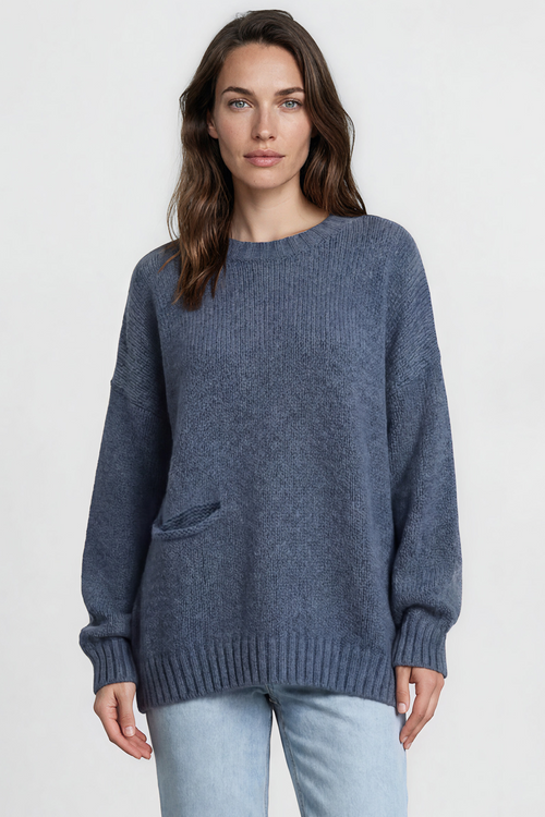 Caesar Jumper - Crew Neck Long Knit with Pocket and Ribbed Hemlines in Blue