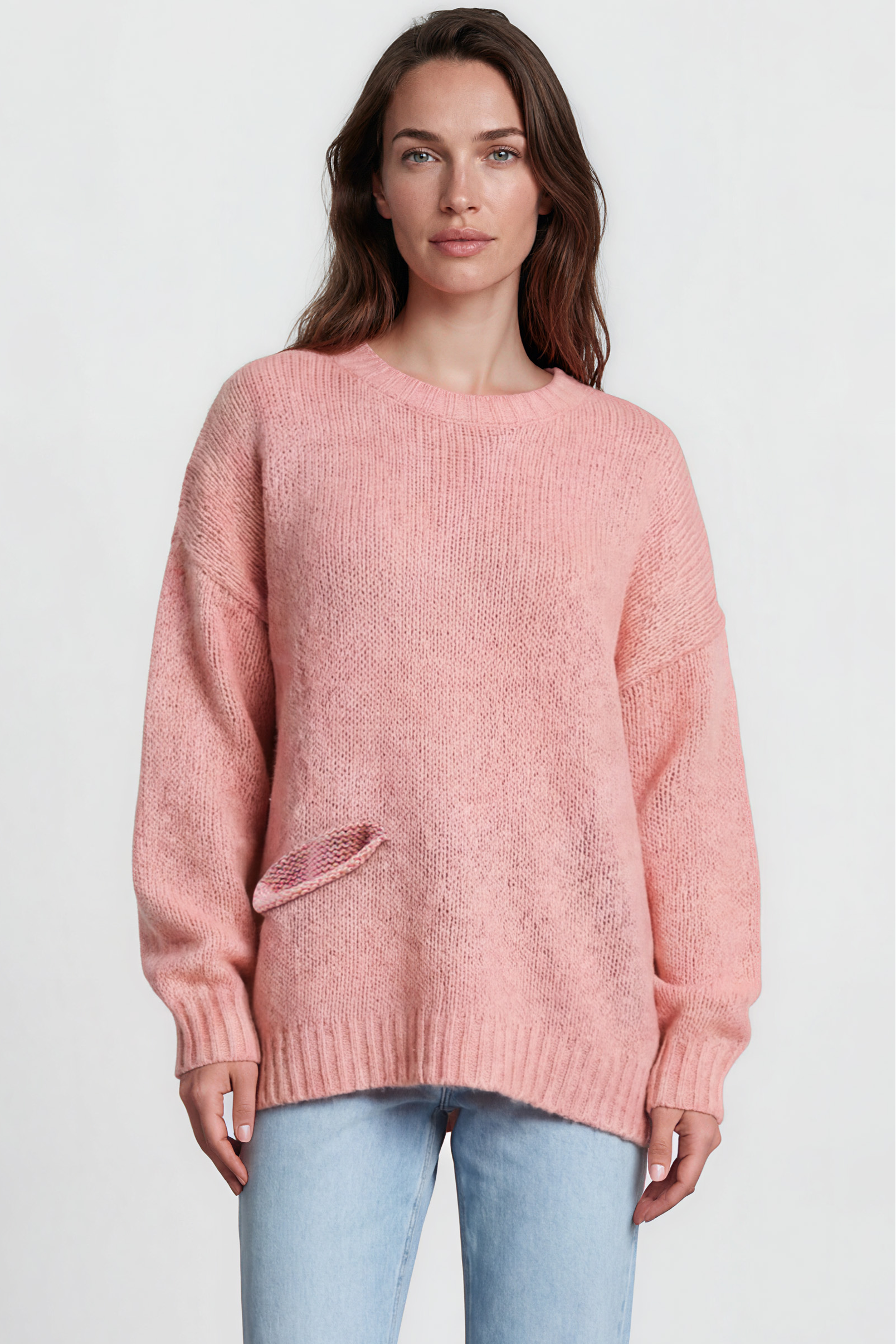 Caesar Jumper - Crew Neck Long Knit with Pocket and Ribbed Hemlines in Pink