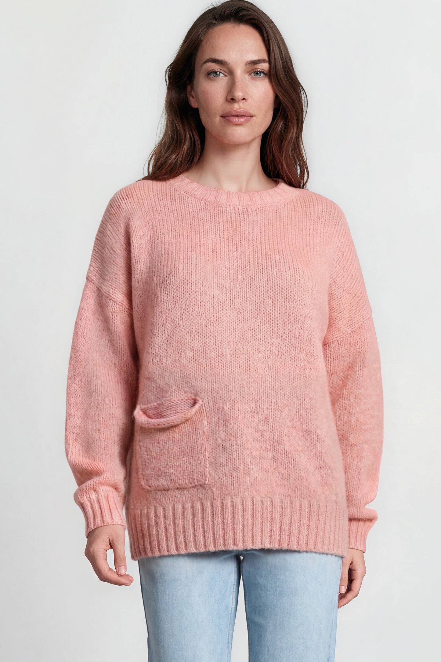 Caesar Jumper - Crew Neck Long Knit with Pocket and Ribbed Hemlines in Pink