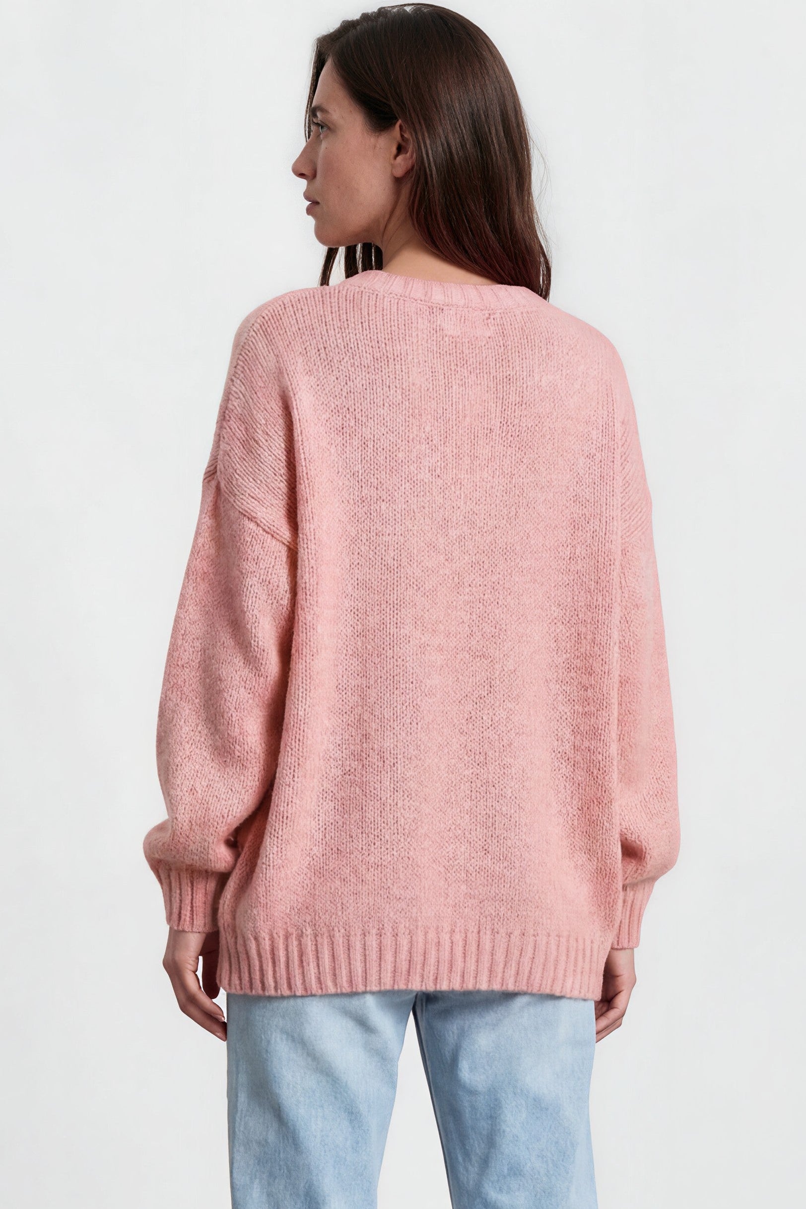 Caesar Jumper - Crew Neck Long Knit with Pocket and Ribbed Hemlines in Pink