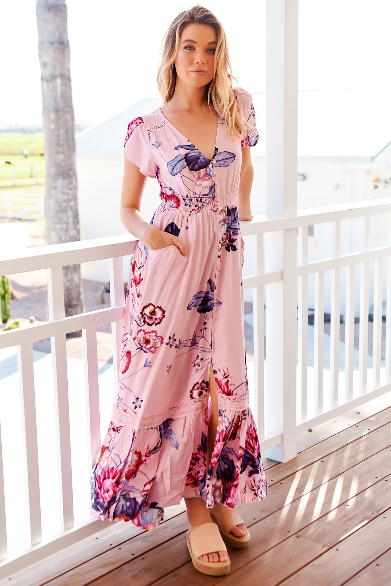 JAASE - Carmen Maxi Dress: Butterfly Cap Sleeve Button Down A Line Dress with Lace Trim in Dahlia Print