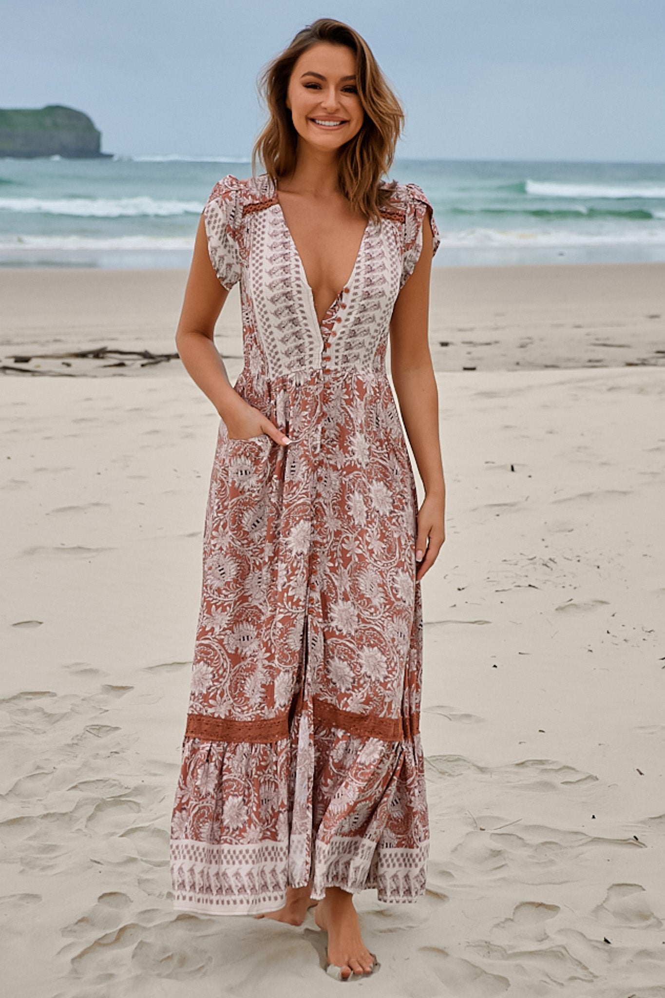 JAASE - Carmen Maxi Dress: Butterfly Cap Sleeve Button Down A Line Dress with Lace Trim in Indah Print