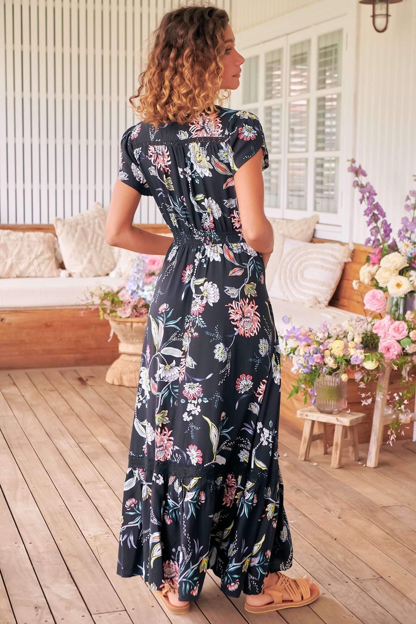 JAASE - Carmen Maxi Dress: Butterfly Cap Sleeve Button Down A Line Dress with Lace Trim in Under the Stars Print