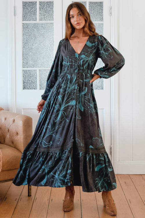 JAASE - Carmen Long Sleeve Maxi Dress: Button Down A Line Dress with Lace Trim in Midnight Lilly Print