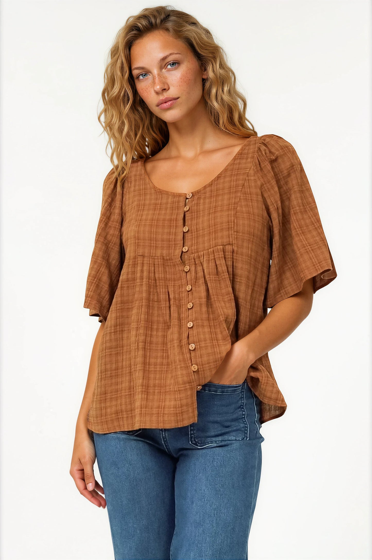 Casita Top - Scoop Neck Textured Babydoll Top with Flutter Sleeves in Tan