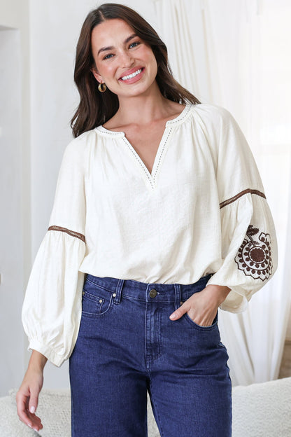 Cassel Top - Round Split Collar Pullover Embroidered Top with Balloon Sleeves in Cream