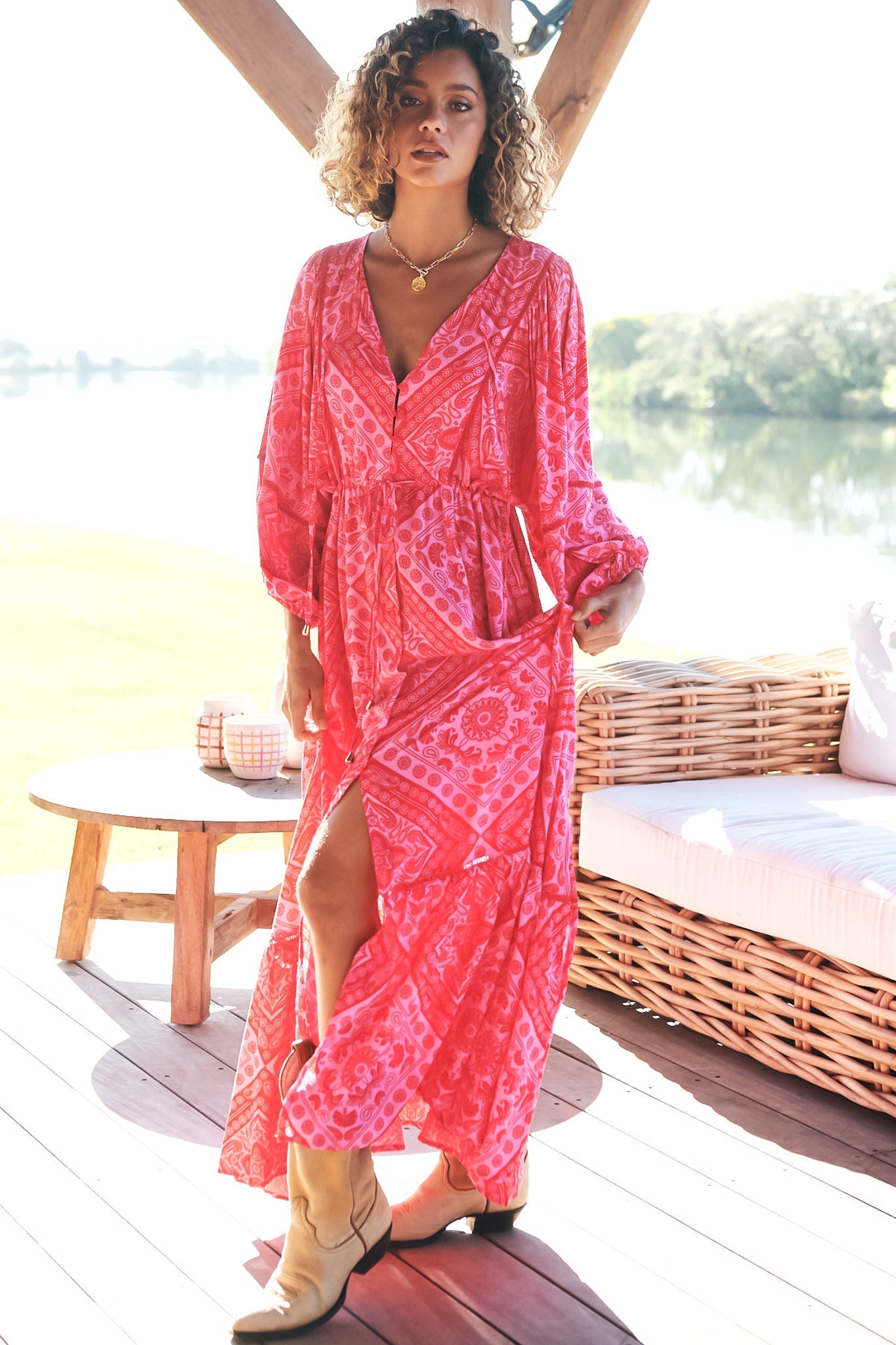 JAASE - Catalonia Maxi Dress: Batwing Sleeve Button Down Smock Dress in Amore Print