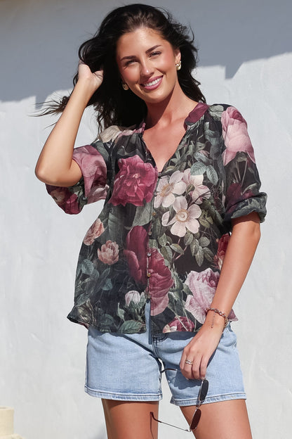 Cecilia Blouse - Mandarin Collar Button-Down with Half Balloon Sleeves in Annalisa Print