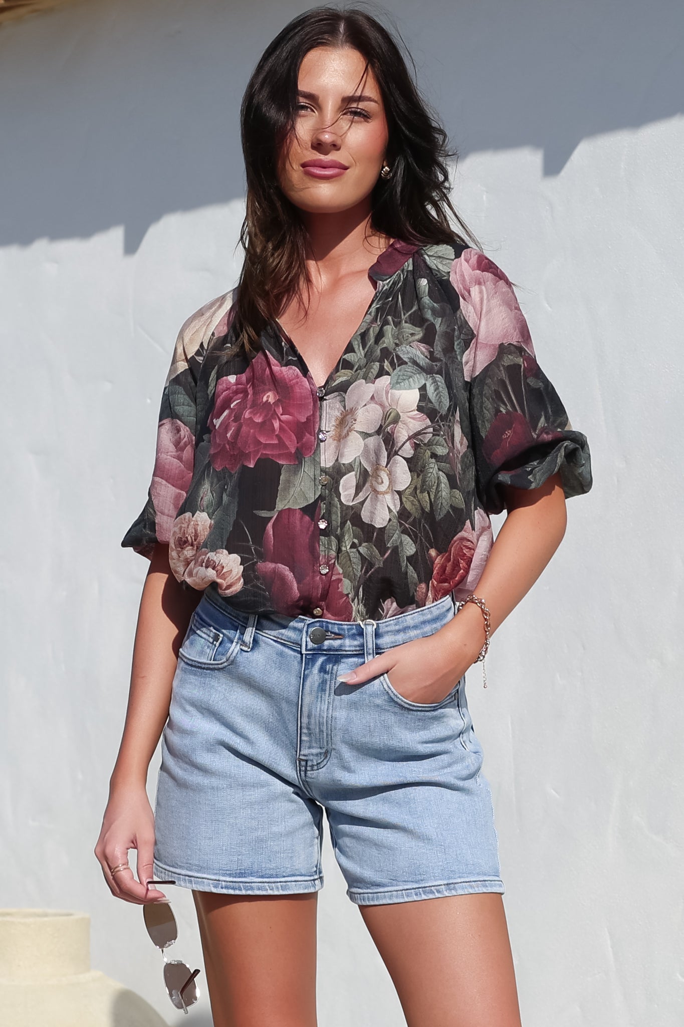 Cecilia Blouse - Mandarin Collar Button-Down with Half Balloon Sleeves in Annalisa Print