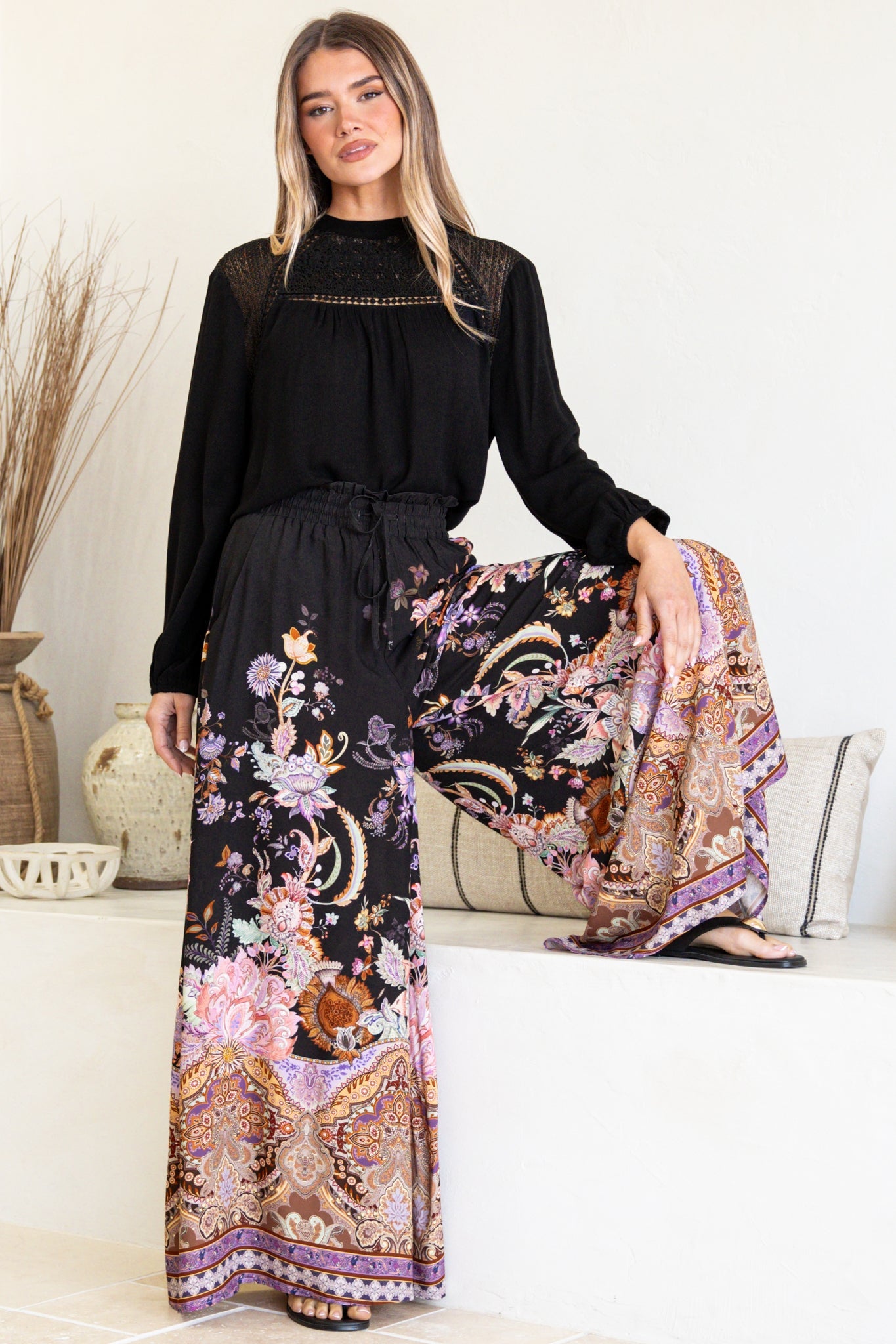 Charli Pants - Paper Bag High Waisted Wide Leg Pants in Zaria Print