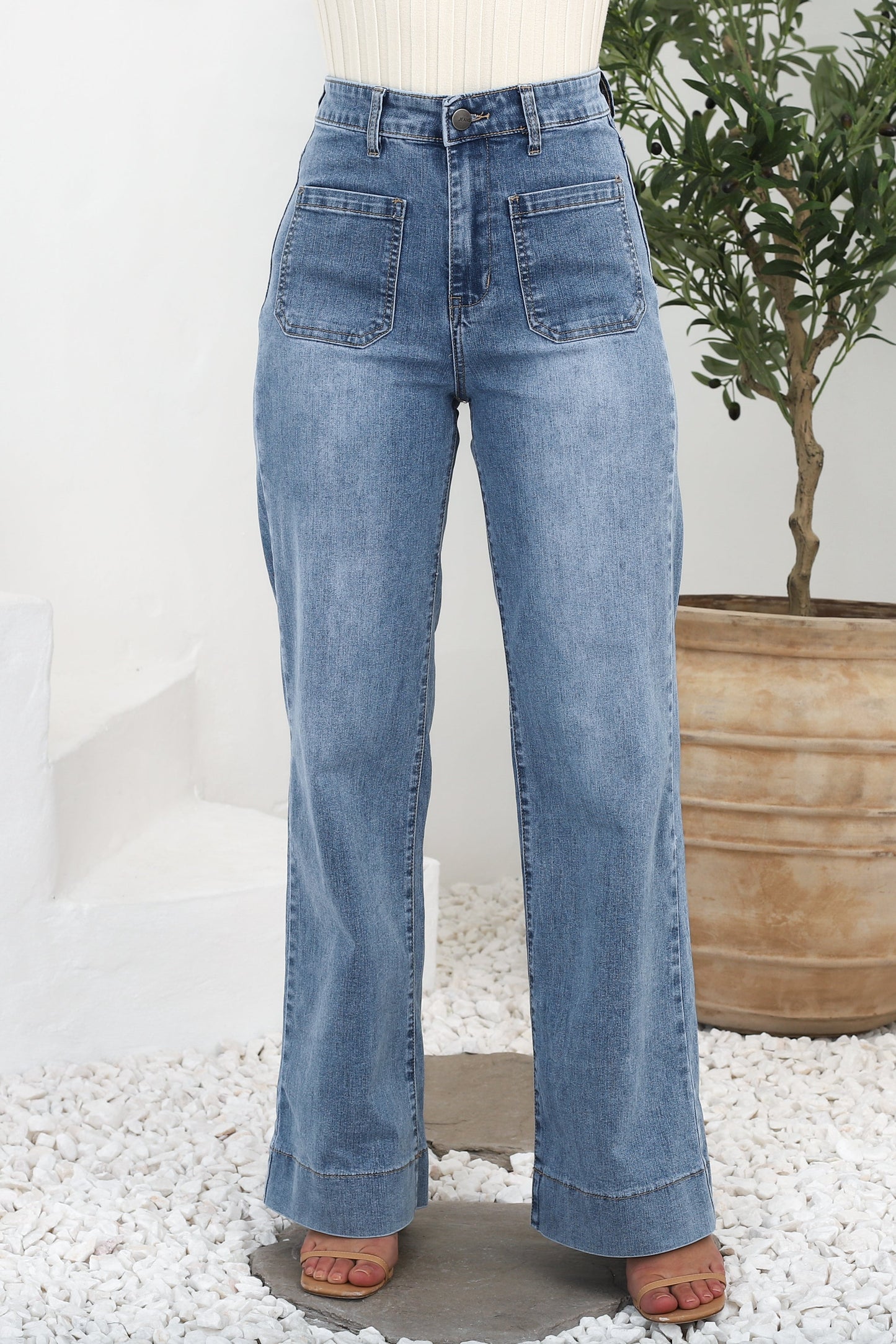 Cindy Wide Leg Jeans in Stone Wash Denim