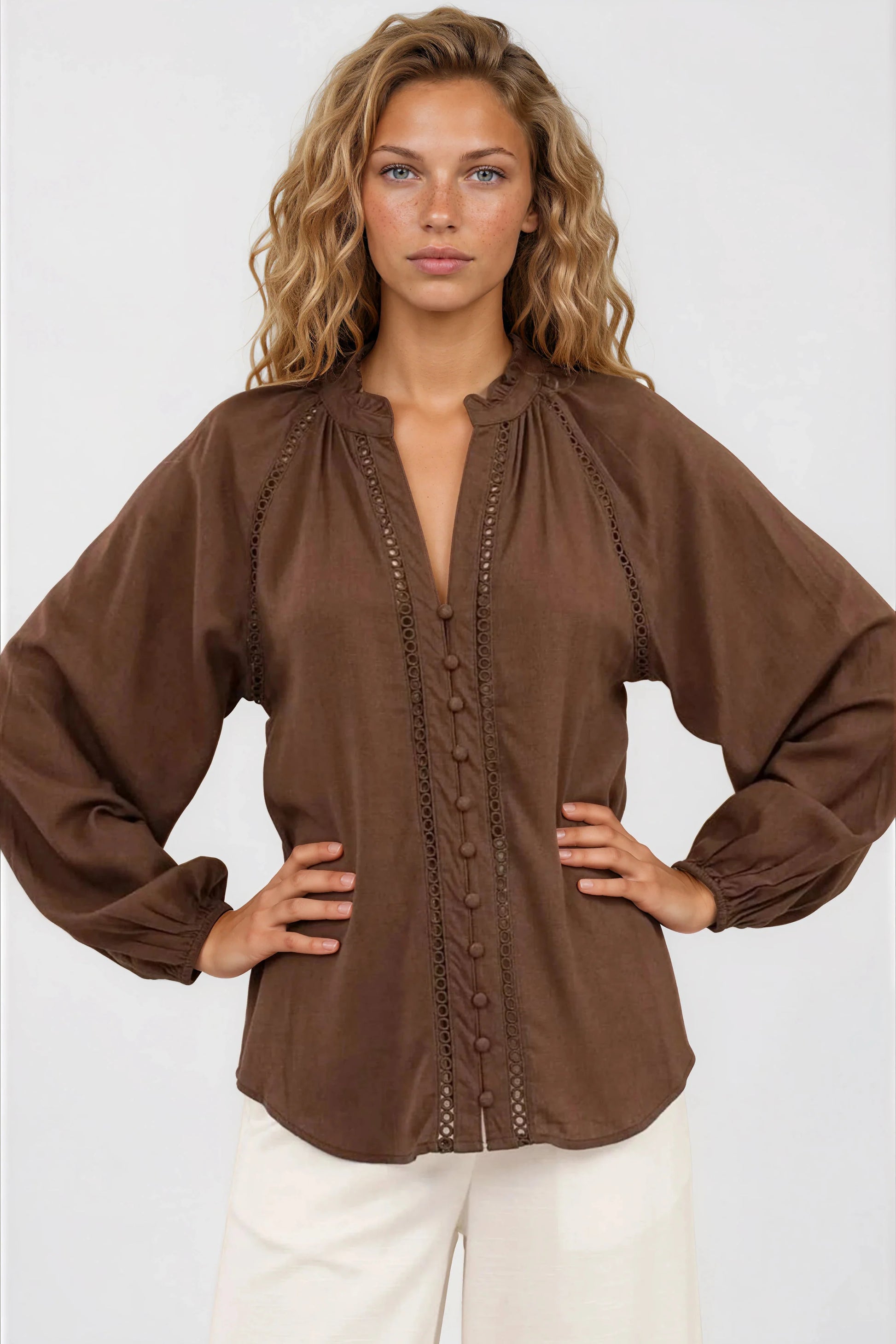Claire Blouse - Frill Collar Hollow Out Lace Insert Detailed Button Down in Chocolate