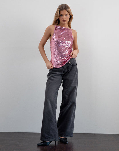Damske Vest Top in Pink Sequin