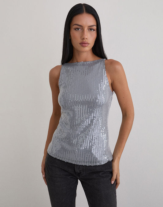 Damske Vest Top in Clear Tinted Sequin Grey
