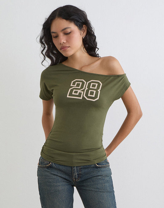 Danama One Shoulder Top in Rayon Jersey Grape with '28' Graphic