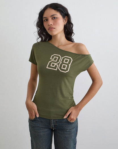 Danama One Shoulder Top in Rayon Jersey Grape with '28' Graphic