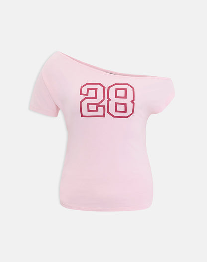 Danama One Shoulder Top in Rayon Jersey Light Pink with '28' Graphic