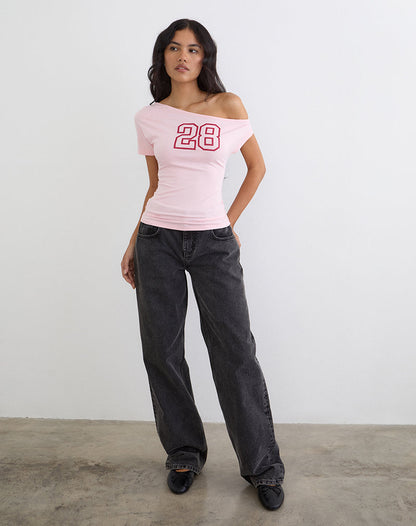 Danama One Shoulder Top in Rayon Jersey Light Pink with '28' Graphic