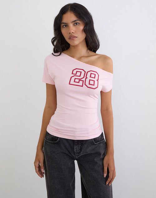 Danama One Shoulder Top in Rayon Jersey Light Pink with '28' Graphic