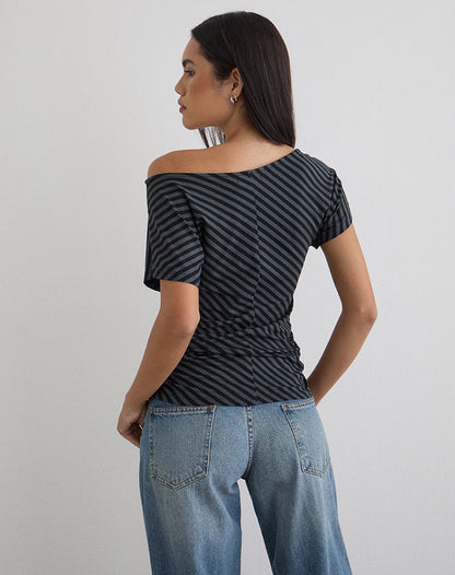 Danama One Shoulder Top in Oblique Stripe Ocean Storm