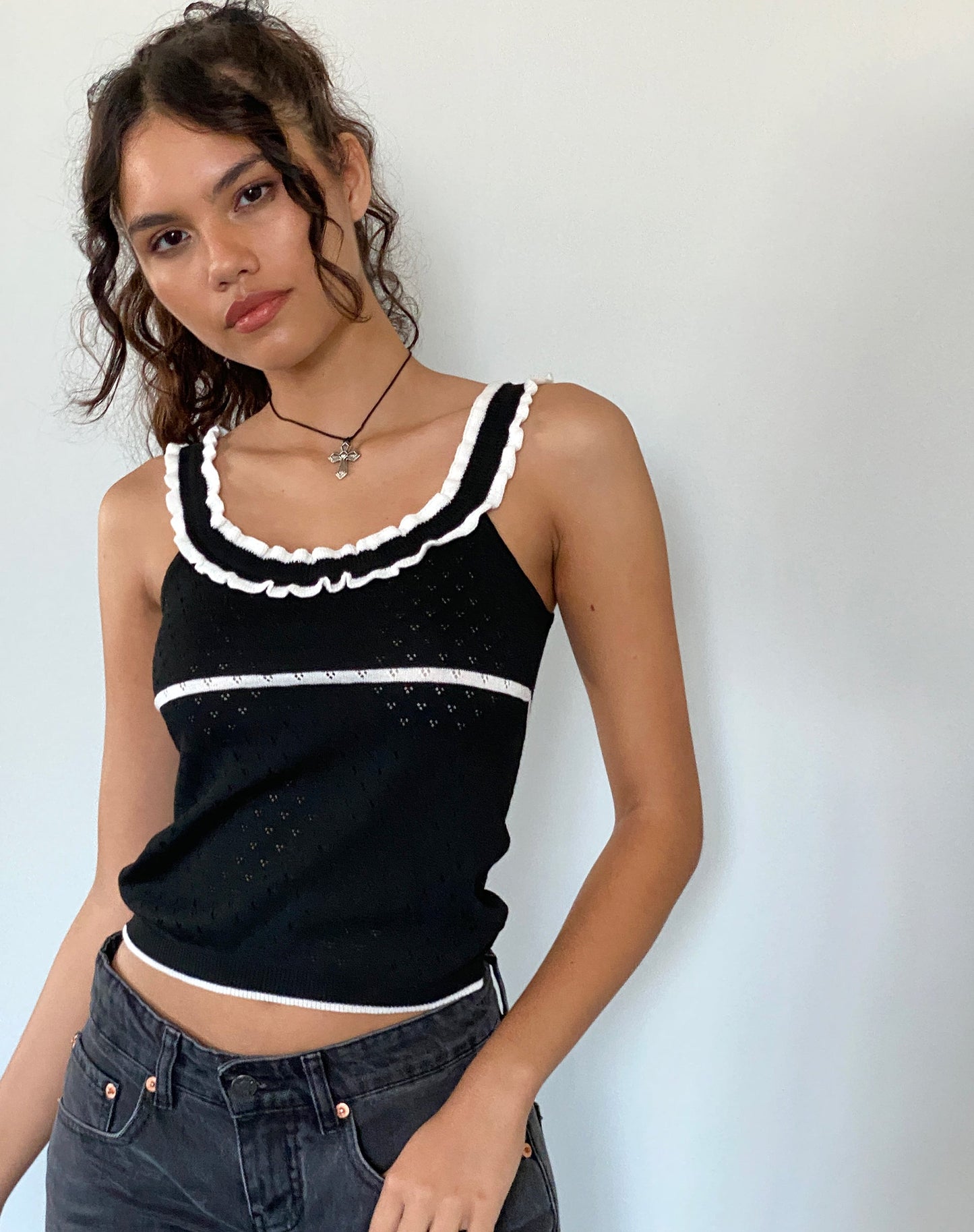 Darcie Pointelle Top in Black with White Tipping