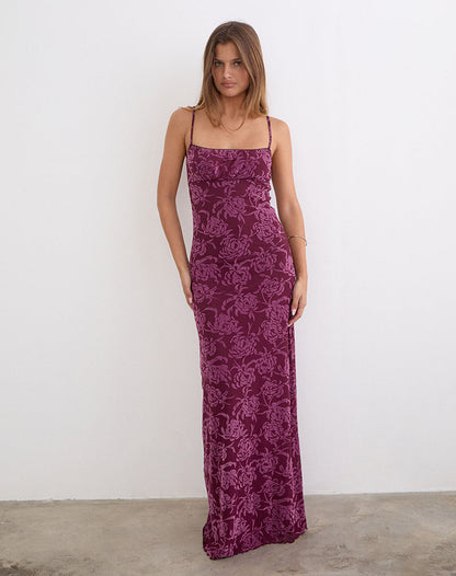 Darsih Maxi Dress in Flock Shadow Leaf Plum