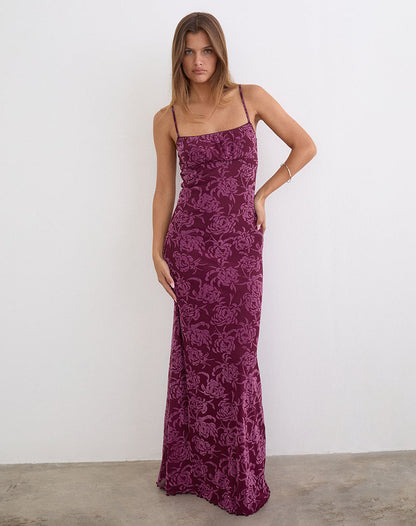 Darsih Maxi Dress in Flock Shadow Leaf Plum