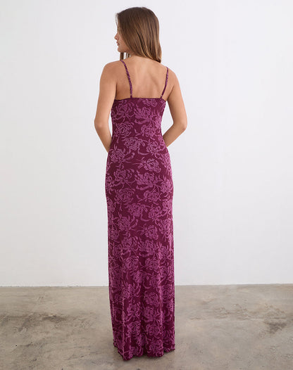 Darsih Maxi Dress in Flock Shadow Leaf Plum