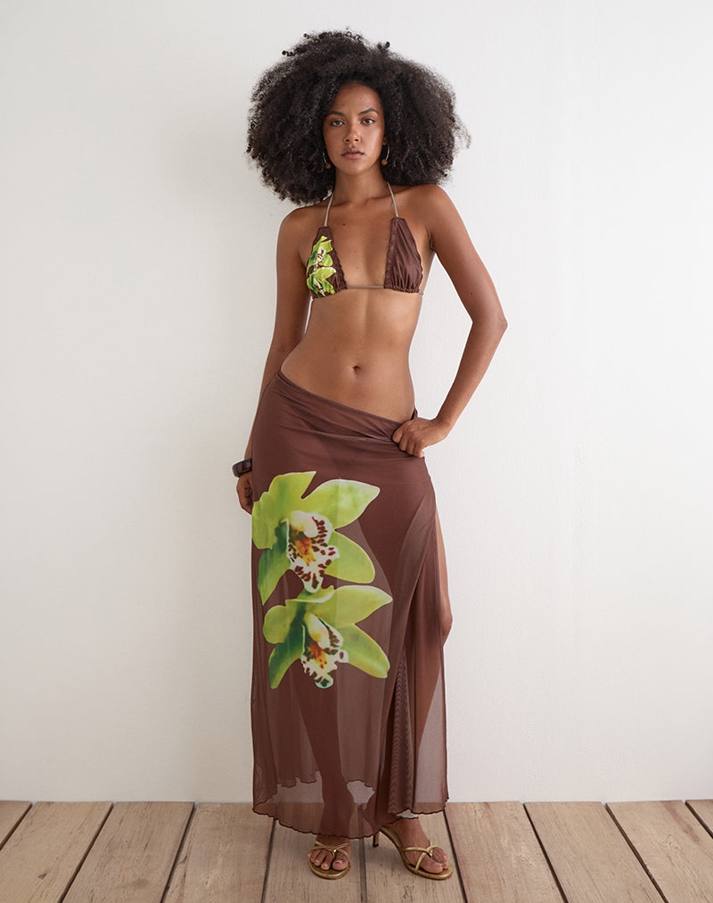 Dartina Maxi Slip Skirt in Brown with Green Dendrobium Flower