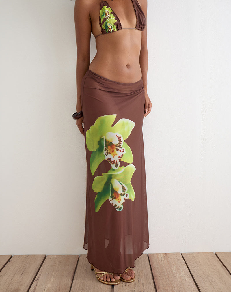 Dartina Maxi Slip Skirt in Brown with Green Dendrobium Flower