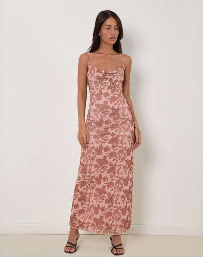 Dasita Cowl Neck Maxi Dress in Neutral Flower Print