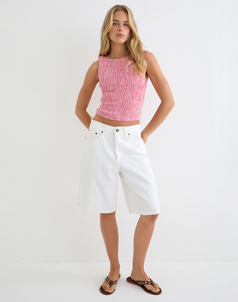 Deacon Shirred Top in Mini Gingham Peach