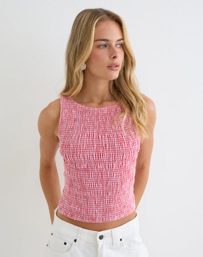 Deacon Shirred Top in Mini Gingham Peach