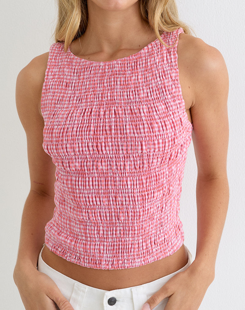 Deacon Shirred Top in Mini Gingham Peach