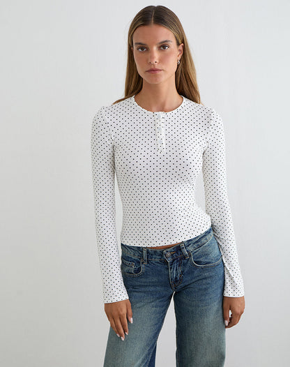 Delano Top in White with Micro Polka Black Print
