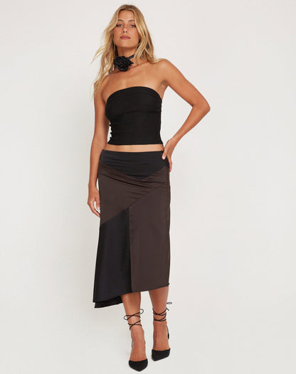 Denala Midi Skirt in Two Tone Black Satin