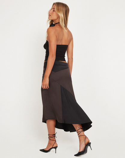 Denala Midi Skirt in Two Tone Black Satin