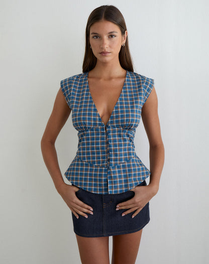 Devlon Blouse in Medium Tartan Blue