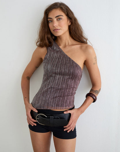 Dirsa One Shoulder Asymmetric Top in Plisse Brown
