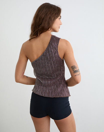 Dirsa One Shoulder Asymmetric Top in Plisse Brown